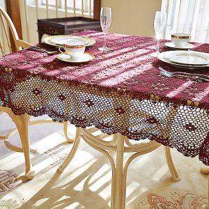 Crochet Tablecloth. Festive Rectangular Crochet. Merlot & Everygreen color
