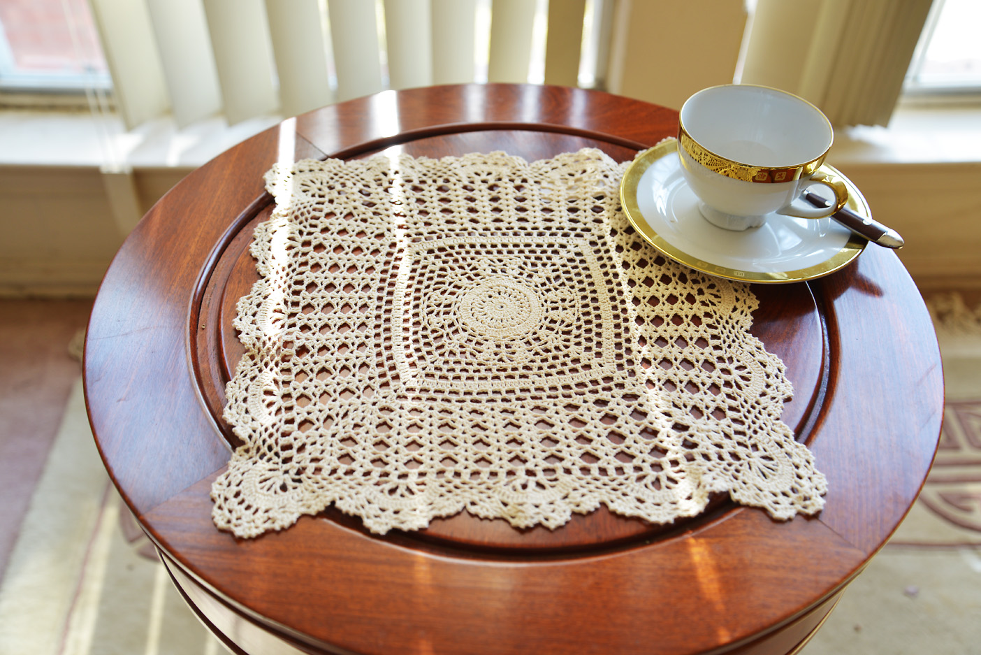 square crochet lace. 13"x13". wheat color