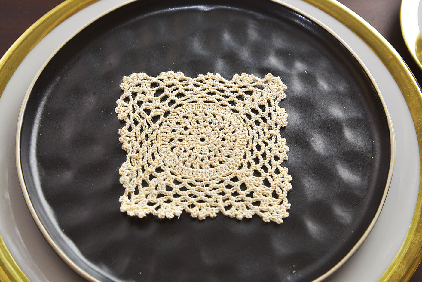square crochet lace doily, wheat color crochet