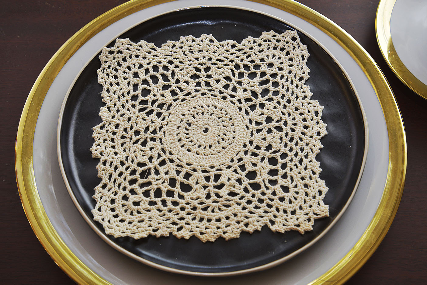 6" square crochet lace doily, wheat color